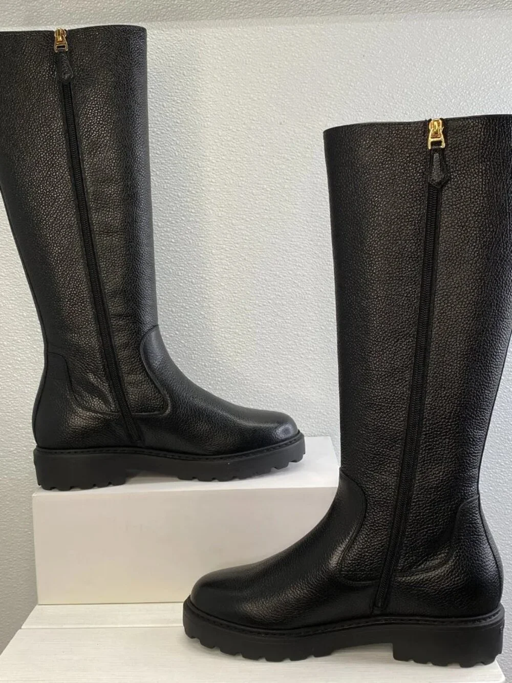NEW Bally Goran Fur Gusto Riding Boots Women' Size 6.5 Black Grained Leather